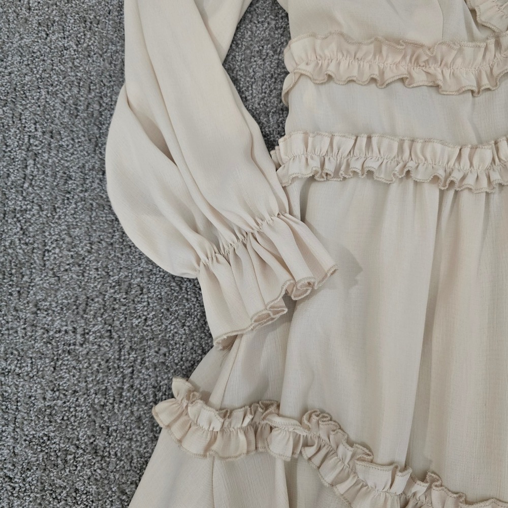 Cream Ruffle Tiered Mini Dress‎ Open Back Coquette Romantic Boho Size M - Picture 3 of 8